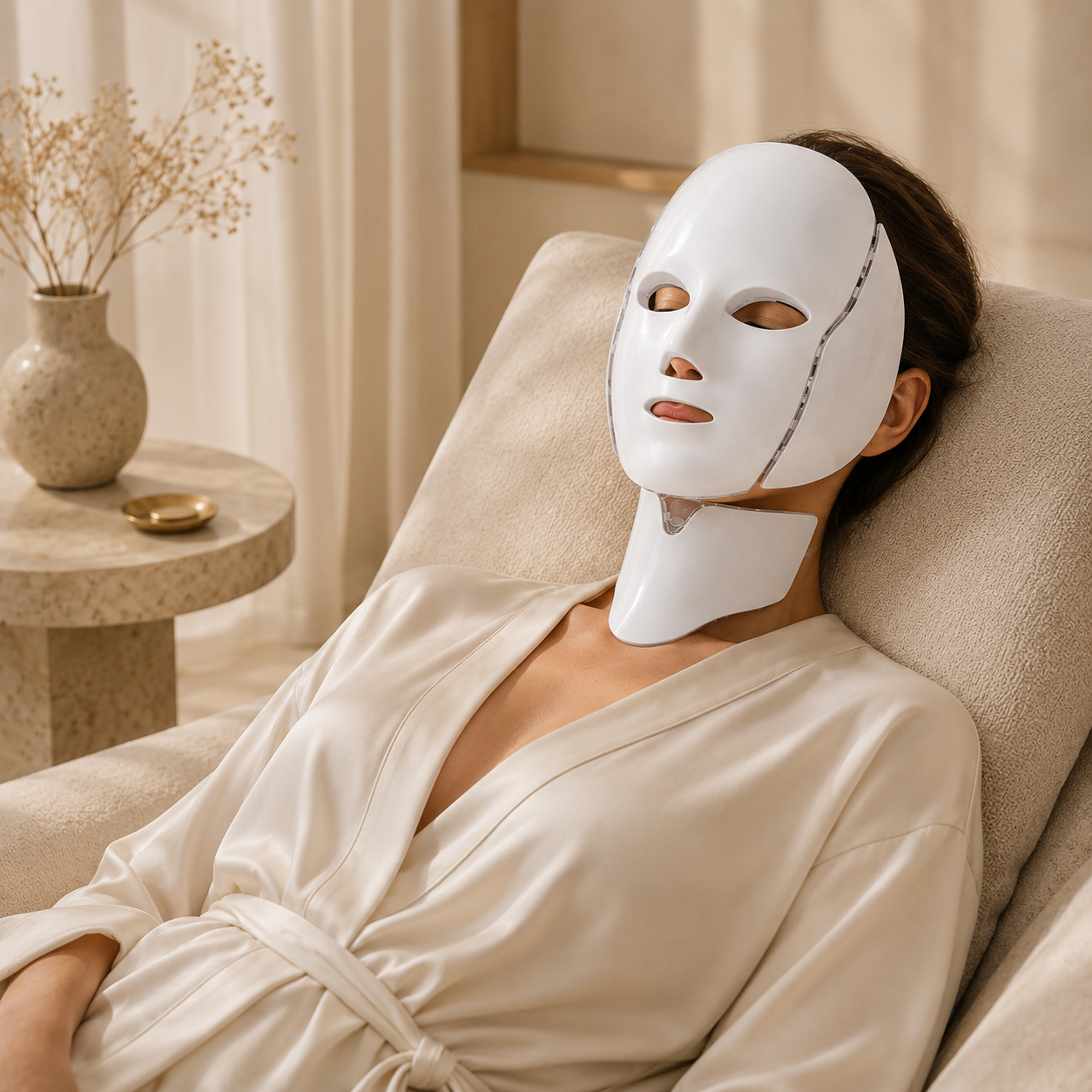 Woman relaxing while wearing the Lumora Aura face and neck LED mask