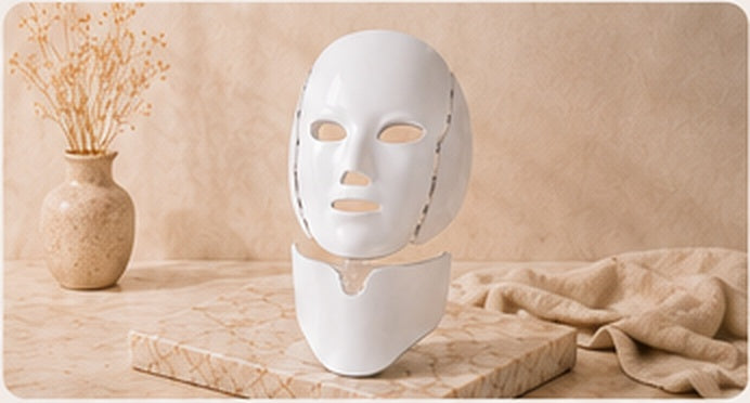 Lumora Aura mask displayed on a warm pedestal